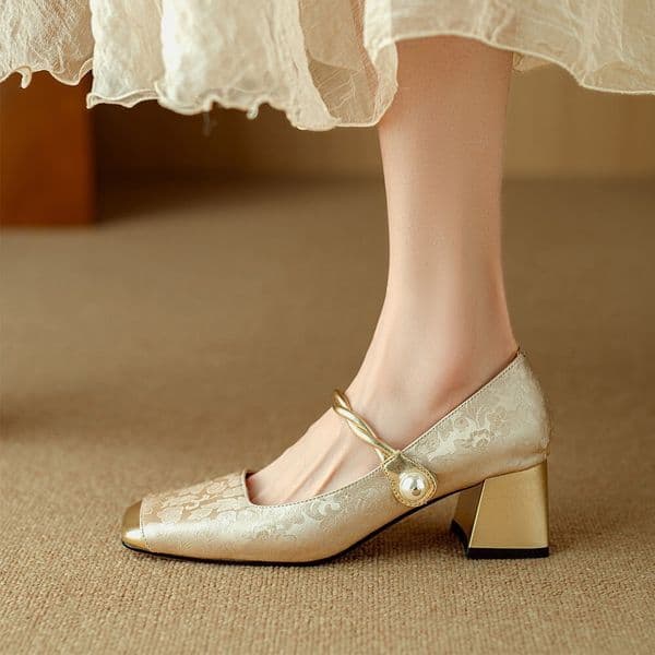 Mary Jane Women's High 2024 Summer New Heightening Chinese Style Versatile Thick Heels Green One line Strap Single Shoes for Women