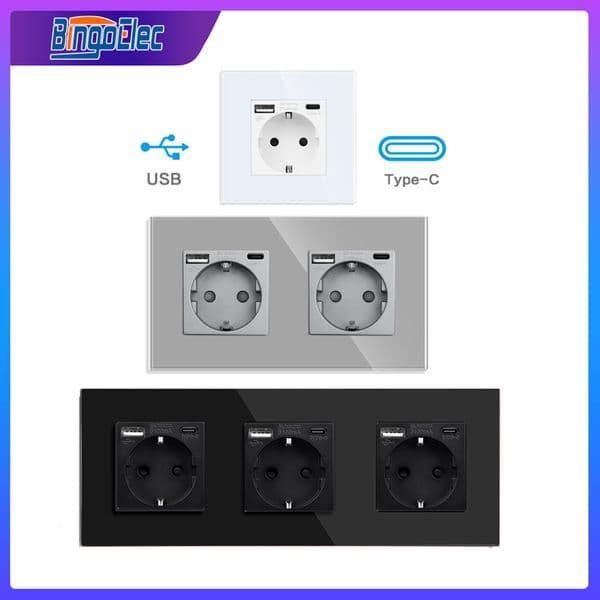 EU Standard USB Sockets with Type-C Power Single Socket 16A Glass Wall Mounted Double Outlet Triple Wall Outlets with Switch