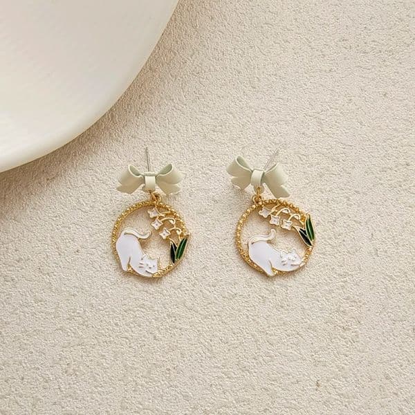 S925 Needle Japanese and Korean Summer Bow Naughty Cat Earrings Flower Earrings for Women spots