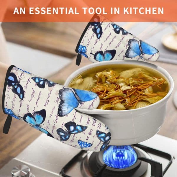 Vintage Blue Butterfly Newspaper Oven Mitts 2pc Heat Resistant Gloves Kitchen Oven Gloves Heat Resistant for Cooking Grilling