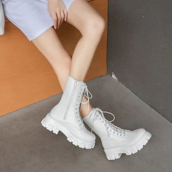 Platform Women's Ankle Autumn 2023 Black White Thick Bottom Motorcycle Botas Mujer Pu Leather Non-Slip Combat Boots Women aa
