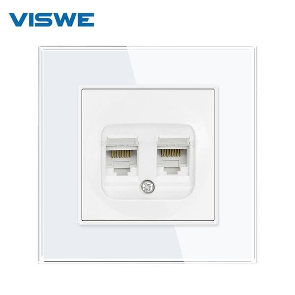 VISWE rj45 socket,white crystal glass European Cat6 Double Data Internet Computer outlets with mounting claw