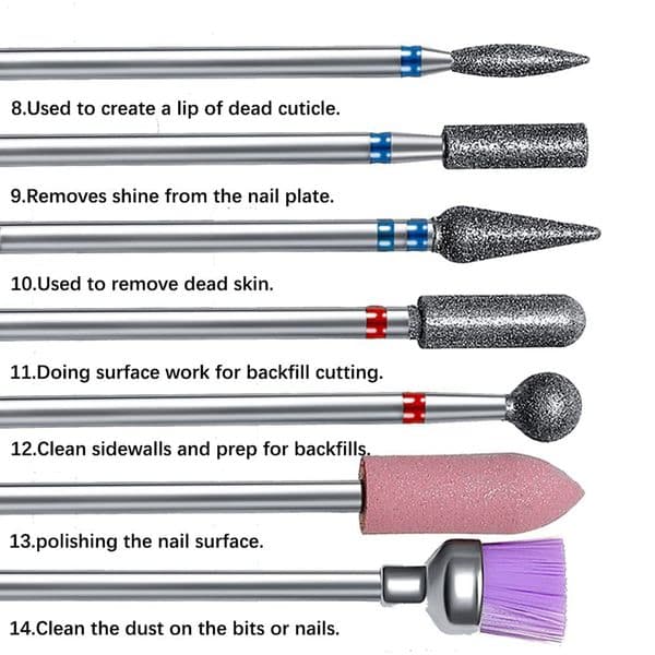 14pcs Diamond Nail Drill Bits Set Sanding Polishing Removing for Acrylic Gel Nails Cuticle Remover Manicure Pedicure Tools