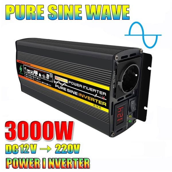 Pure Sine Wave Inverter DC 12V to AC 220V 230V 50Hz 1000W EU Socket Volt Europe Car Transformer Converter Charge Adapter 3000W