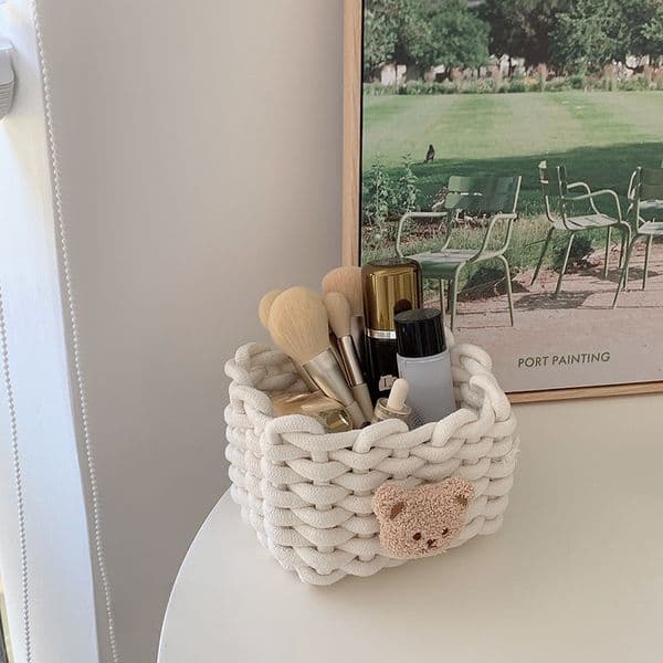 Storage Basket Makeup Desktop Organizer Home Decor Cosmetic Sundries Hand Woven Storage Basket Organizer Box Fabric Cute Bear