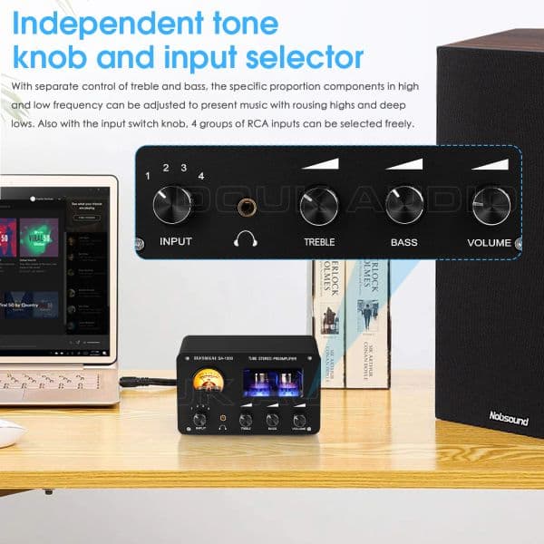 Nobsound HiFi Vacuum Tube Preamp Stereo 4-Way Audio Switcher Desktop Headphone Amplifier w/VU Meter Treble&Bass Control