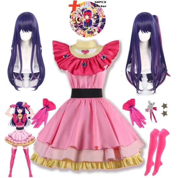 Cosplay Oshi No Ko Ai Hoshino Costume Wig Stricker Keychain Sets Halloween For Woman Party Anime Clothes