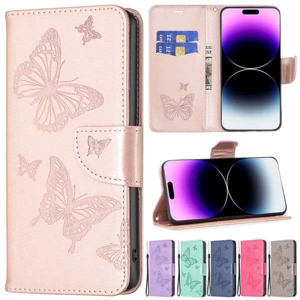 Wallet Butterfly Embossing Flip Leather Case For iPhone 15 Pro Max 14 13 12 Mini 11 SE 2022 2020 X XR XS 8 7 6 6s Plus Cover