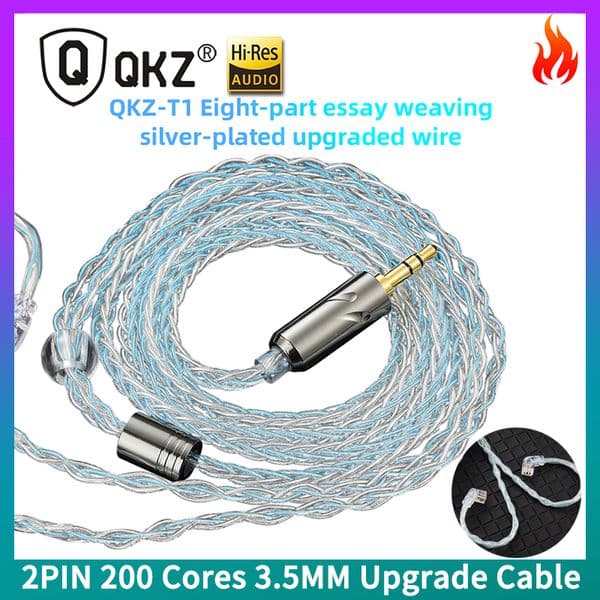 Original QKZ T1 8 Strand 200 Cores Earphone Upgrade Cable 2PIN 0.75mm 3.5MM OFC Copper Silver-Plated Audio Replacement Cable