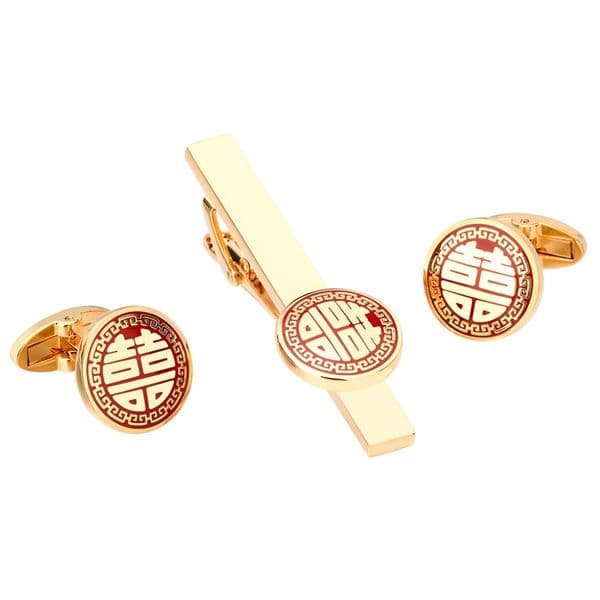 LAIDOJIN Chinese Double Love Mens Tie Clip Cufflinks Set High Quality Necktie Pin Tie Bars Clasp Wedding Engagement Jewelry