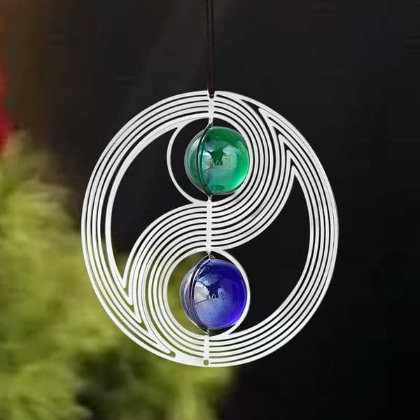 Yin Yang Kinetic Wind Spinner for Yard Garden FengShui Taiji 3D Whirligig Wind Chimes Gazing Ball Hanging Decor with Swivel Hook