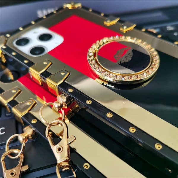 Luxury Glitter Red Lips Gold Square Cover Lanyard Case for Samsung Galaxy S24 Ultra S23 FE S22 Plus S21 FE S20 Note 20 10 S10 S9