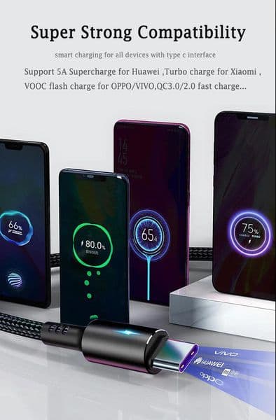 Type C Cable Vooc Flash Charger Cable For Realme 8 Q3s Vivo X70 Pro Oppo Reno6 K9 Pro K9s Super Flash Charge Usb C Charging Wire