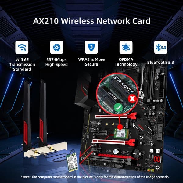 Wi-Fi 6E AX210 Card Bluetooth 5.3 WiFi 6 Adapter 5374Mbps 2 In 1 Desktop Kit 10DBi Antenna 802.11ax 2.4G/5Ghz/6Ghz For PC