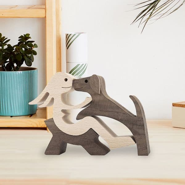 Wood Dog Human Statue Woman and Dog Wooden Statue for Dog Lover Tabletop