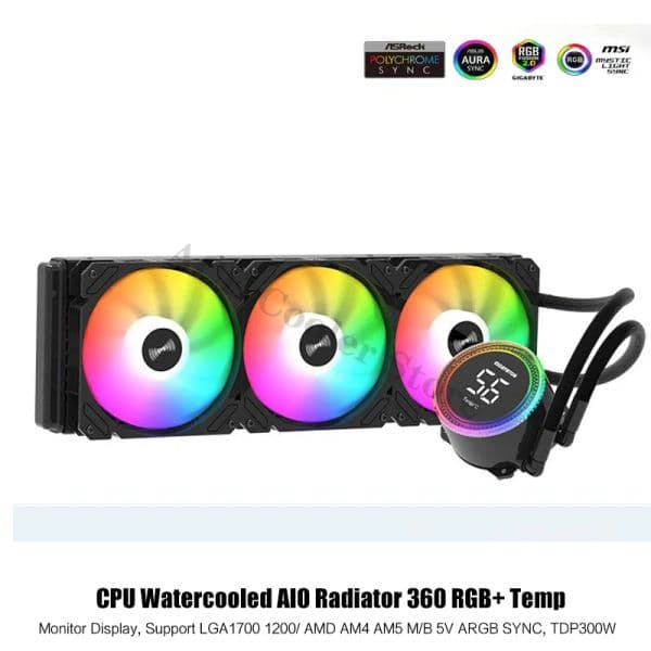CPU Water Cooled Radiator 360 + Temp. Monitor Support LGA 1700/1200/115X/2011/2066/AM5/AM4/AM3 AMD Watercooler RGB