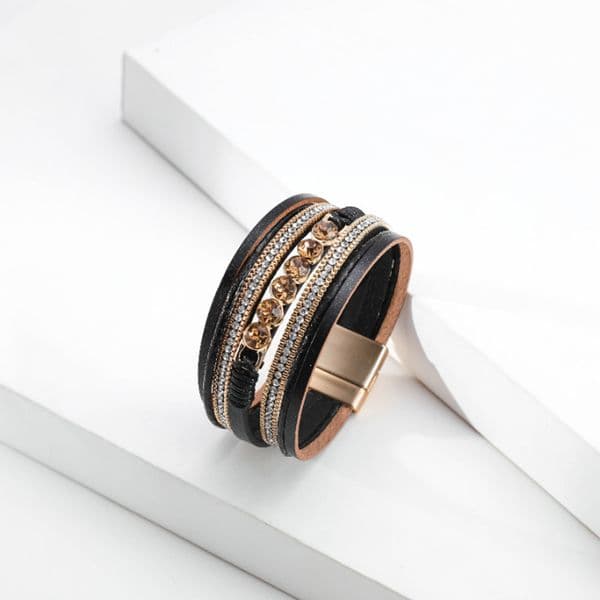 Multilayer Leather Bracelets for Women Trendy Rhinestone Crystal Charm Femme Wide Bracelets & Bangles Female Jewelry