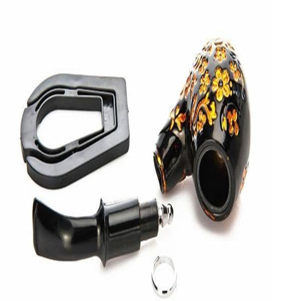 A Short and Long 145mm Pipe Resin Yellow Pattern Carved Black Plastic Cigarette Smoking