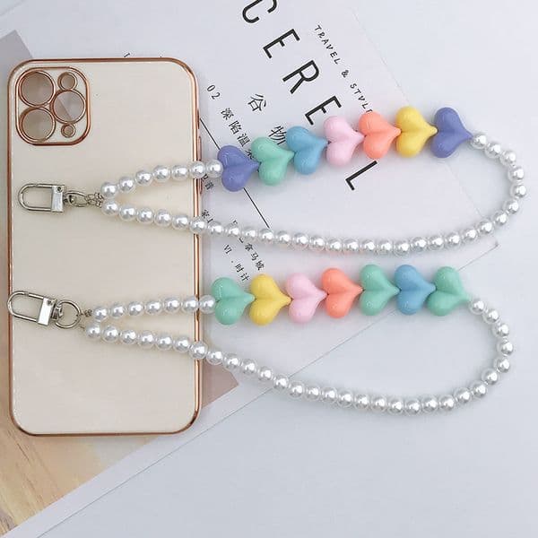 Colorful Resin Heart Flower Pearl Acrylic Beaded Phone Chain Strap For Women Charm Anti-Lost Lanyard Cellphone Hanging Cord