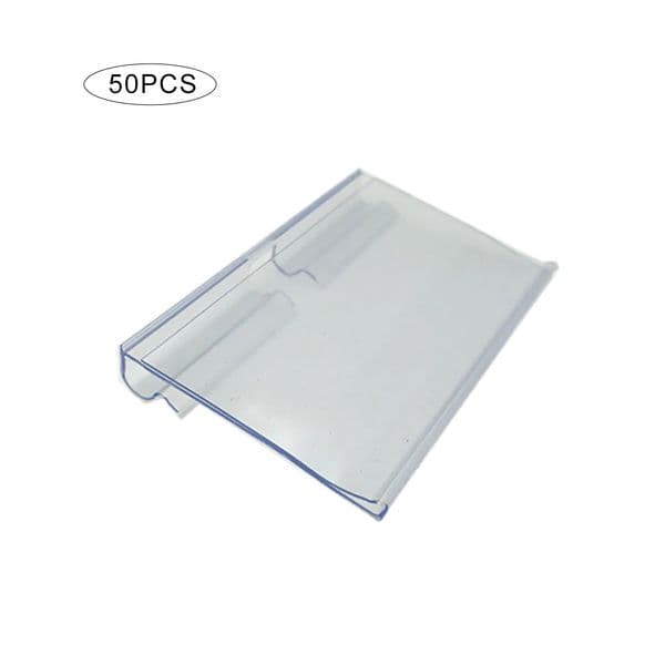 50Pcs Clear Plastic Display Holder Double Hook Wire Shelf Retail Price Tag Label Rack Merchandise Sign Card Stand