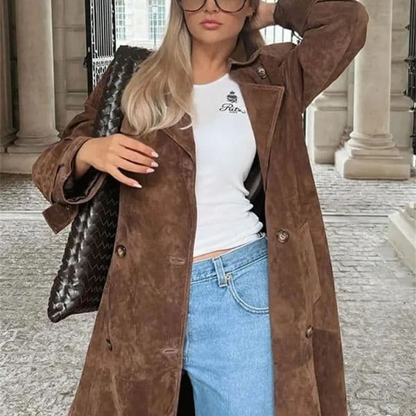 Elegant Suede Leather Chocolate Belt Long Coat Fashion Double Button Lapel Oversize Jacket Fashion Autumn Street Windbreaker 240930