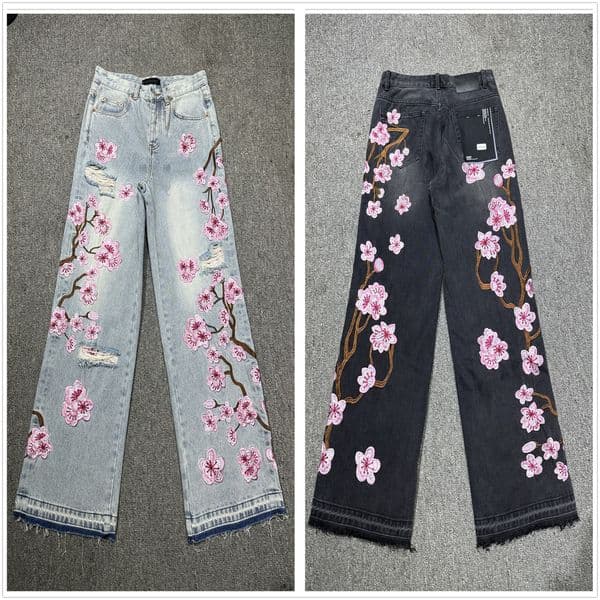 designer stacked jeans men jnco jeans baggy mens jeans hole pattern ripped embroidery Black Pants Motorcycle Biker denim A1