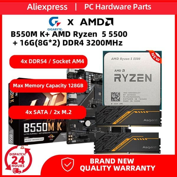 AMD Ryzen 5 5500 with GIGABYTE B550M K Motherboard and 16G(8G*2) DDR4 3200 RAM CPU AM4 place mae 5500 processor memories kit