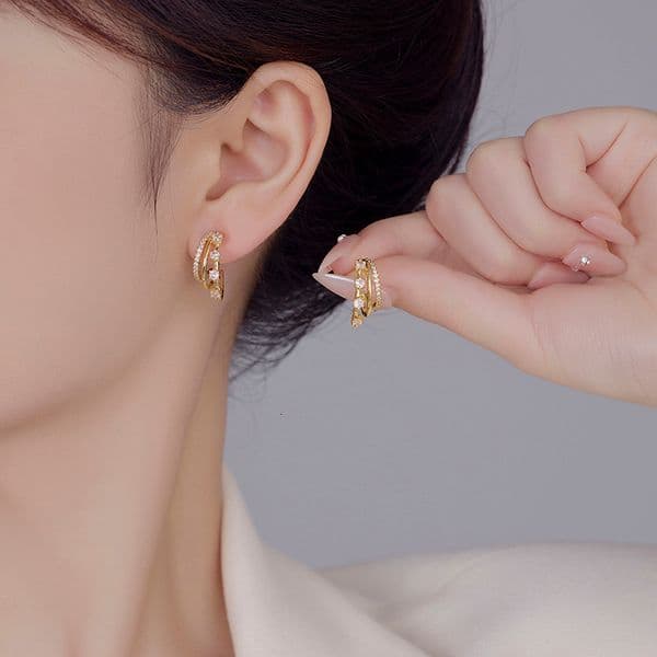Three layer design zircon earrings, sier needles, high-end ear accessories, female niche personality, trend, new style