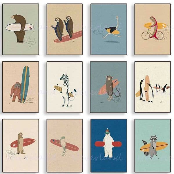 Nordic surfing animals cute panda otter cartoon poster canvas painting and printing wall art pictures used for living room wall home decoration W241010