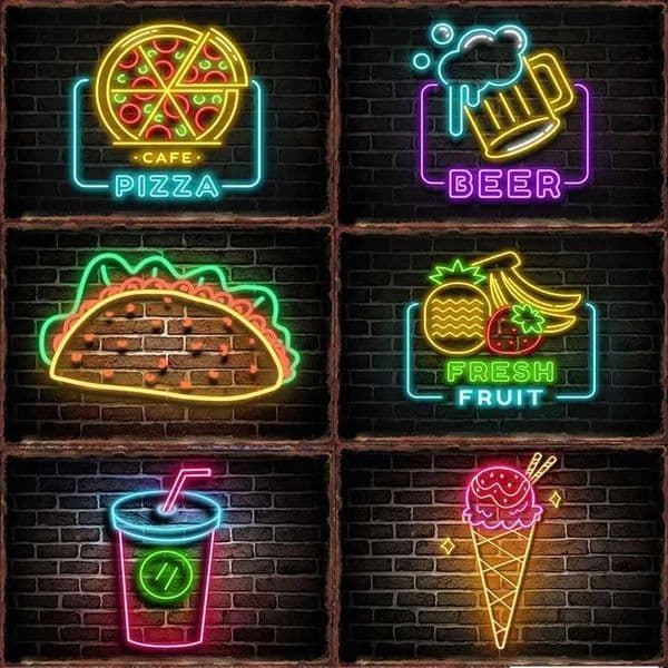 Neon lights food and beverage metal tin signs retro room walls art posters iron paint walls decorative bars caves retro metal plaques W241010