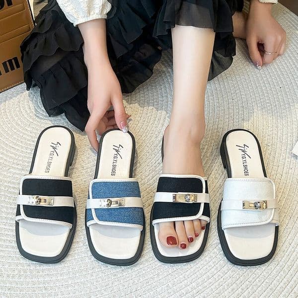 Square Toe Flat Bottom Slippers Summer New Women S Metal Buckle Decoration Casual One Line Low Heel Sandals For To Wear Externally Ddmythur