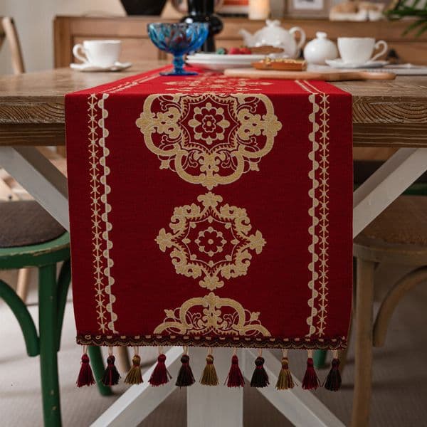 red and gold tassels household polyester tablecloth, table bed tail flag, cover towel
