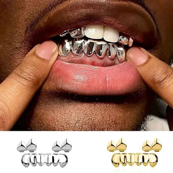 3CPS/Set of Gold Sier Plated Hip Hop Mouth Grizz Hat Top and Bottom Grill Teeth for Halloween Party Set 241022