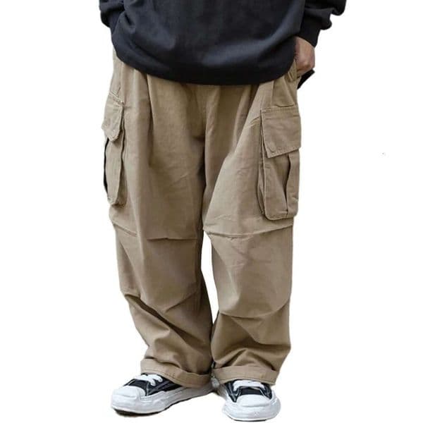 Multi-Pocket Cargo Mens Safari Style Solid Color Pleated Loose Straight-Leg Pants Elastic Waist Casual Trousers Men