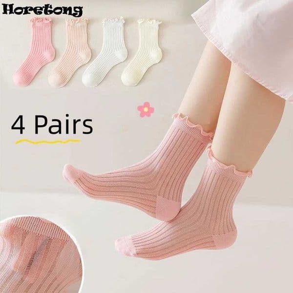Horetong 4 pairs/set childrens mid tube socks spring and summer pure cotton socks cute Korean baby girl clothing accessories W241030
