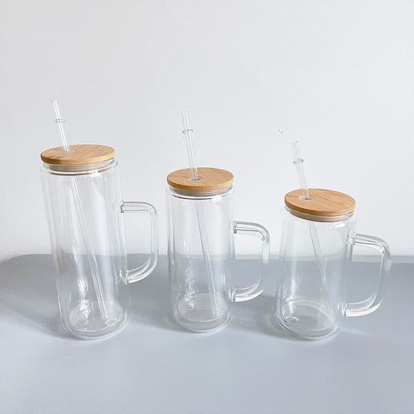 free shipping 12oz 15oz 20oz pre drilled double walled glass snow globe glitter soda beer coffee tumbler mugs with handle and bamboo lid For vinly