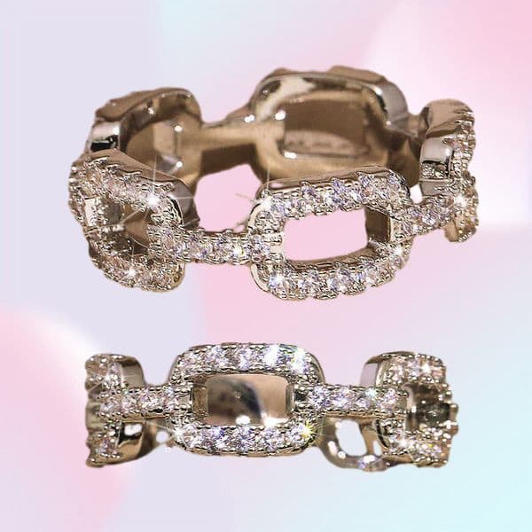 925 New Silver Color Chain Ring with Bling Zircon Stone Rings for Women Wedding Engagement Fashion Jewelry Gift Q0708