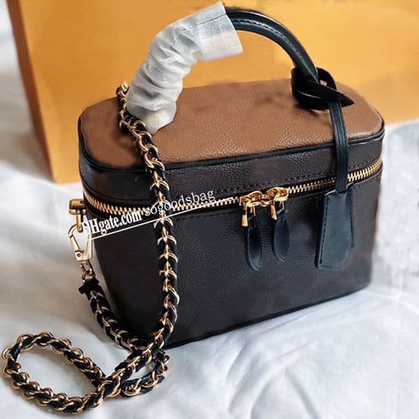 High Quality Vanity Case Mini Handbag Purse Detchable Chain Strap Shoulder Bags Real Leather Canvas Crossbody Bag Old Flower Cosmetic Bag