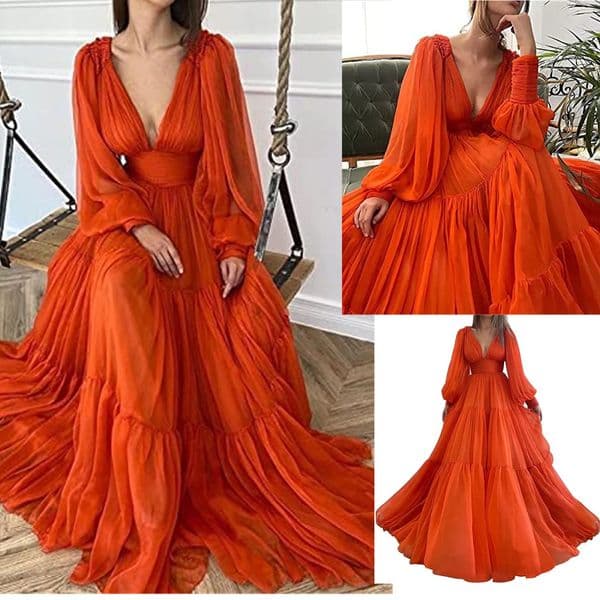 Puffy Sleeves Chiffon Prom Chic V Neck Sexy Backless Evening Dresses Party Gowns Fishtail Beach Bridesmaid Holiday Ball Gown