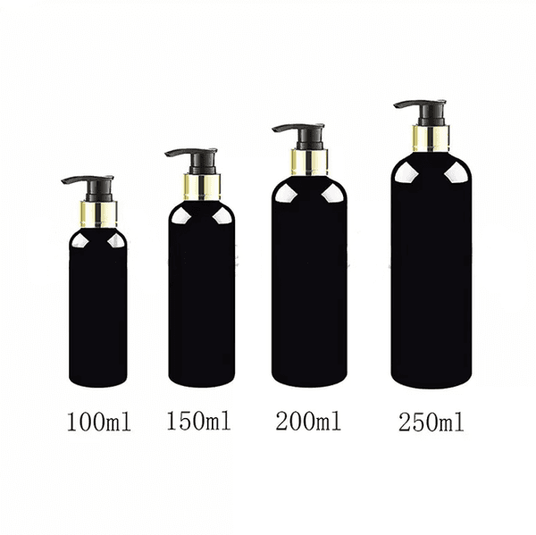 Wholesale 30pcs/lot 100/150/200/250ml black gold collar screw shampoo lotion pump plastic bottle,soap dispenser cosmetic packaging bottlesgood product