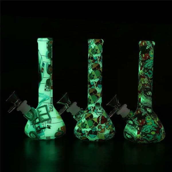 DHL 7.4'' Glow in the dark beaker water pipe unbreakable printing Silicone Bongs with glass bowl silicone water pipe for smoking bongs 23 LL