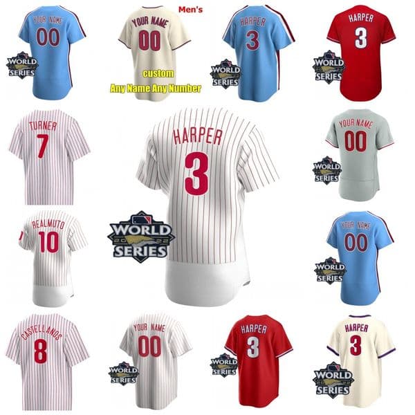 Stitched WS Bryce 3 Harper Jersey 7 Trea Turner Rhys Hoskins Bryson Stott Kyle Schwarber J. T. Realmuto Alec Bohm Nick Castellanos Aaron Nola Zack Wheeler Marsh Baseball