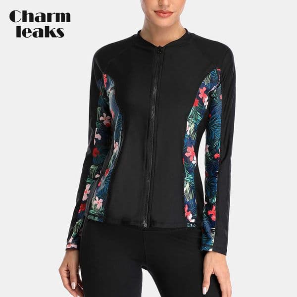 Wetsuits Drysuits Charmleaks Women Long Sleeve Zipper Rashguard Swimsuit Floral Print Swimwear Surfing Top Rash Guard Running Shirts UPF50 J230506