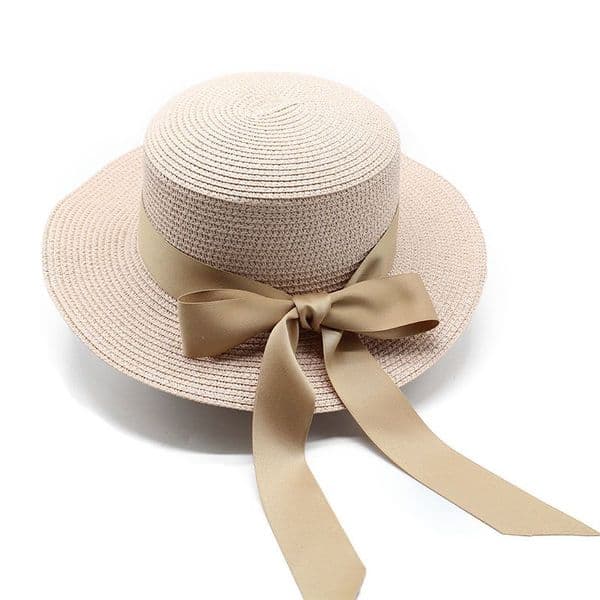 New summer beach flat brim straw hat women's bow streamer straw flat top sun hat clothing accessories