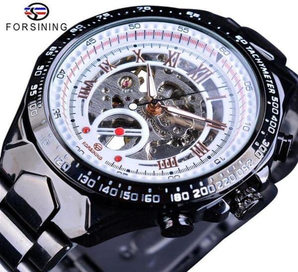 Forsining Top Brand Luxury Men Automatic Watch Business Black Stainless Steel Skeleton Open Work Design Racing Sport Wristwatch SL