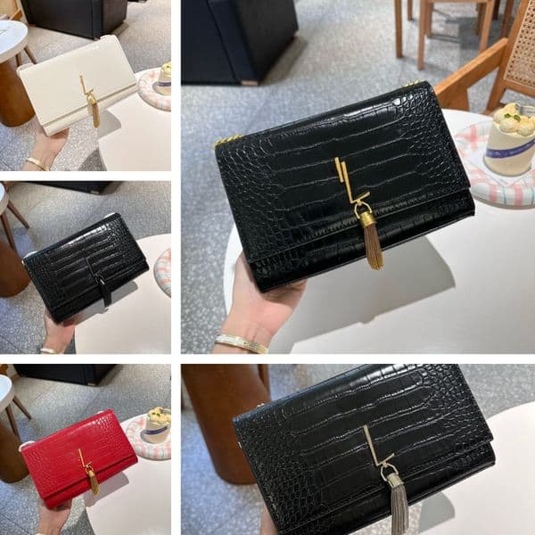 Crossbody Bag Tassel Envelope Bag Clutch Bag Shiny Crocodile Embossed Calfskin Leather Long Golden Chain Strap Wallet Designer Purse