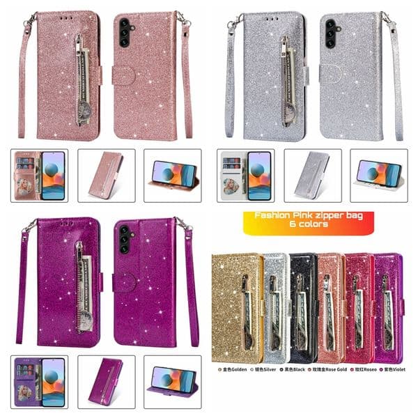 S26 Multifunction Bling Glitter Leather Wallet Case For Samsung S25 Edge FE A17 A07 A36 A56 A26 A06 A16 S24 Ultra Plus A57 A37 Zipper Sparkle Flip Cover Card