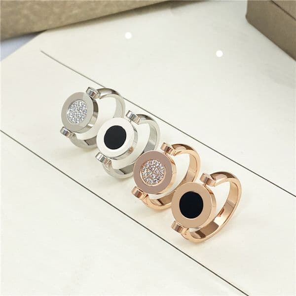 Titanium stainless steel couples fashion round cake classic ring double-sided black and white studded couples ring ring Q260529