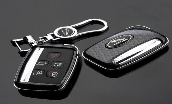 For Jaguar XE XF XJ FPACE Carbon Fiber Style Car Remote Key Shell Fob Case Cover with Metal KeyChain