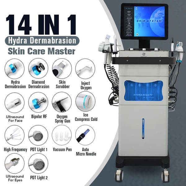 Massage Salon Use 14 in 1 Hydra Oxygen Jet Aqua Peeling Skin Water Replenish Cold Hammer Skin Calming Vacuum Scrubber Face Shape Skin Exfoliating Device